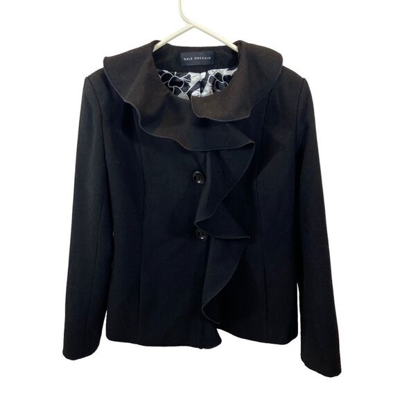 Dale Dressin Brand Black Wool Blend Ruffle Front Jacket Size Medium - Picture 8 of 16